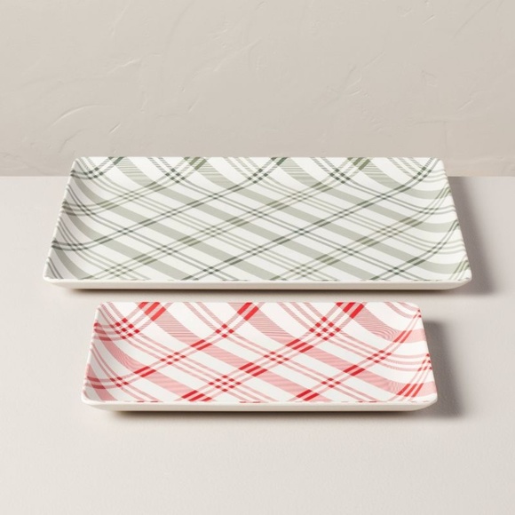 Hearth & Hand Magnolia 2pc Plaid Melamine Christmas Serving Trays - Green/Red - Picture 2 of 8